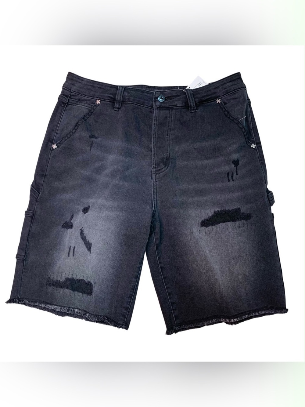 Sz 32 Black Distressed Denim Shorts with Subtle Paint Detail